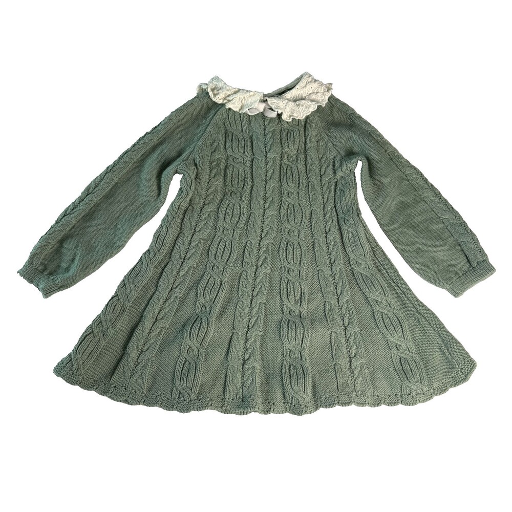 Max Studio Kids Cable Knit Sweater Dress Sz 24 Months Lace Collar Sage Green